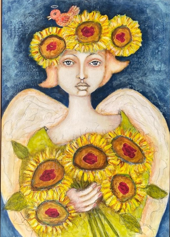 sunflower angel resized sunflower angel artwork tea towel jo cook artist noosa